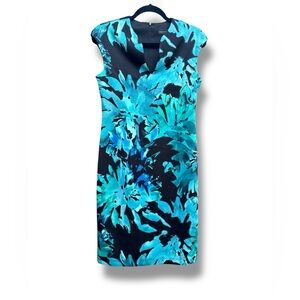 Connected Apparel Palm Print Blue and Black Dress